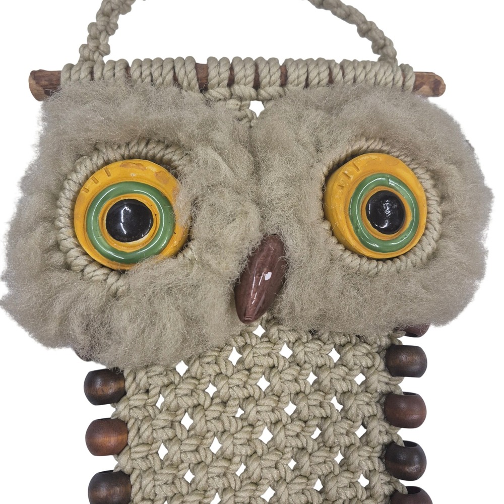 Vintage Macrame Owl Wall Hanging Boho Wood Bead‎ Tassel Decor Beige 17 Inch - Picture 2 of 9